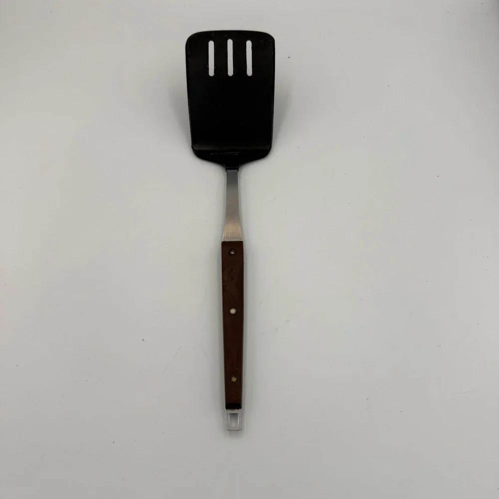 Vintage Ekco Classic Slotted Spatula Stainless USA Wood Handle Nylon Turner 12in